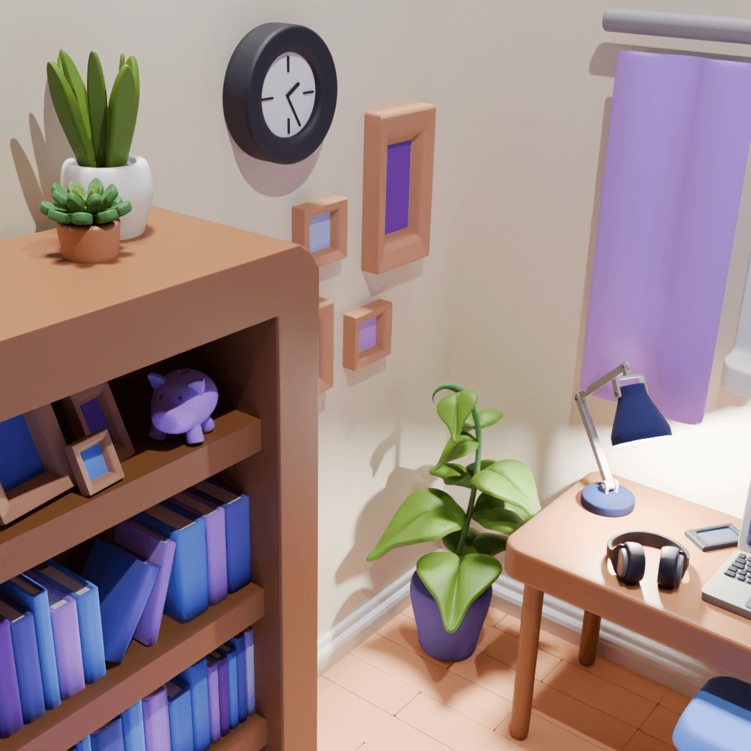 Cozy workspace with a wooden desk holding a blue desk lamp, headphones, and a laptop, near a window with purple curtains and a potted plant on the floor, beside a bookshelf filled with blue and purple books and small plants on top, and a wall clock with beige picture frames.