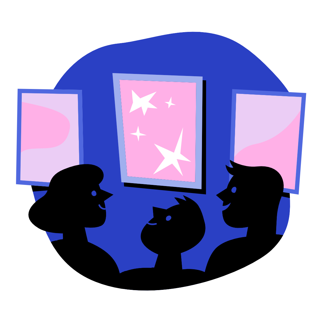 Silhouette of a group of people standing in front of an art exhibit wall.