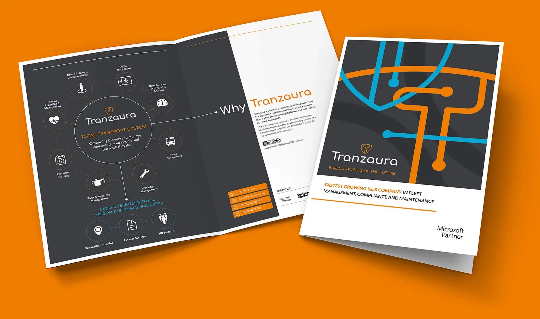 Tranzaura brochure designs for cover and spread