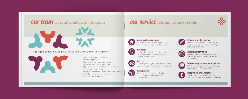 Bayer Burns brochure spread about our teams and services