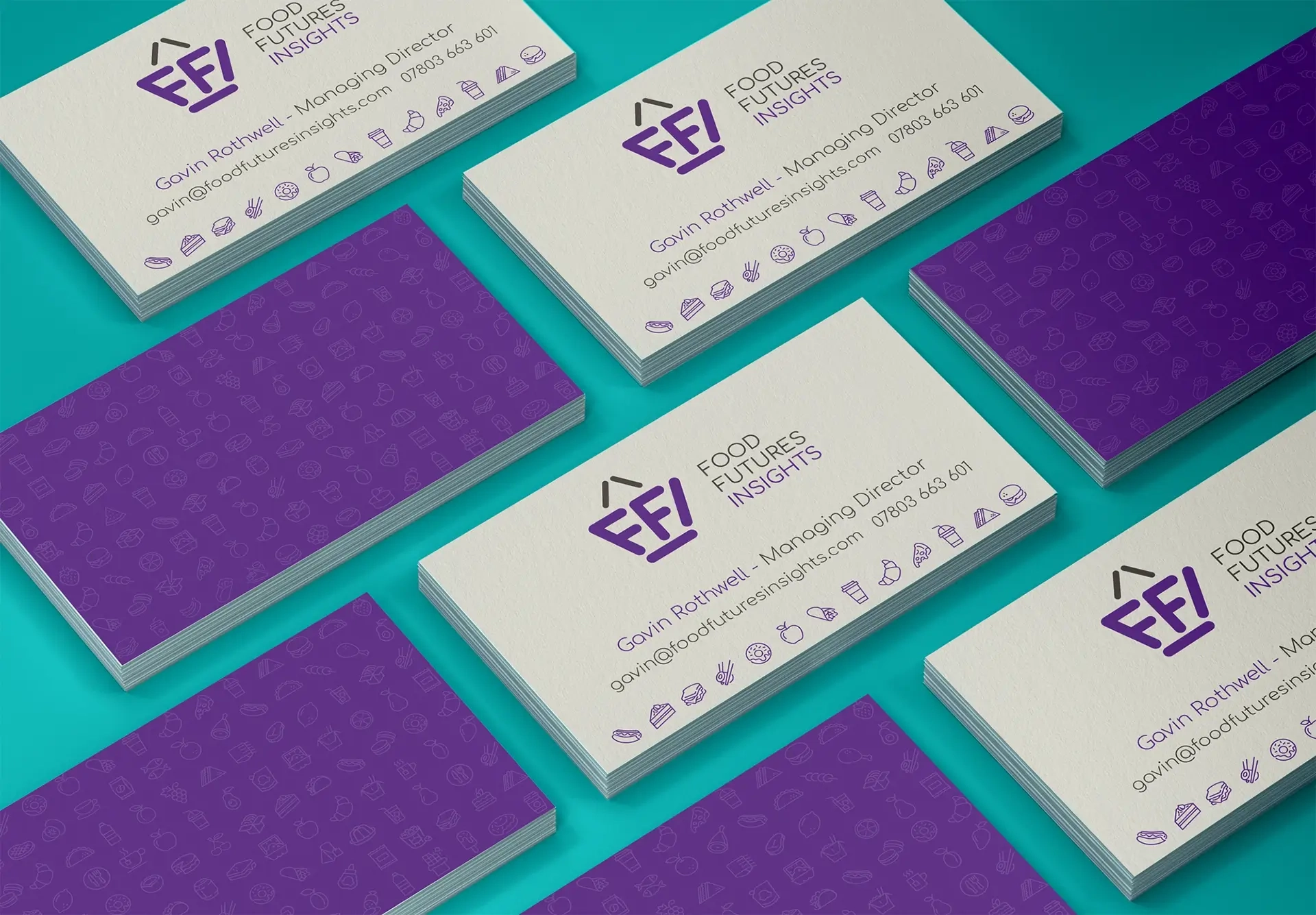 Visual showing Food Futures Insights branding on business cards