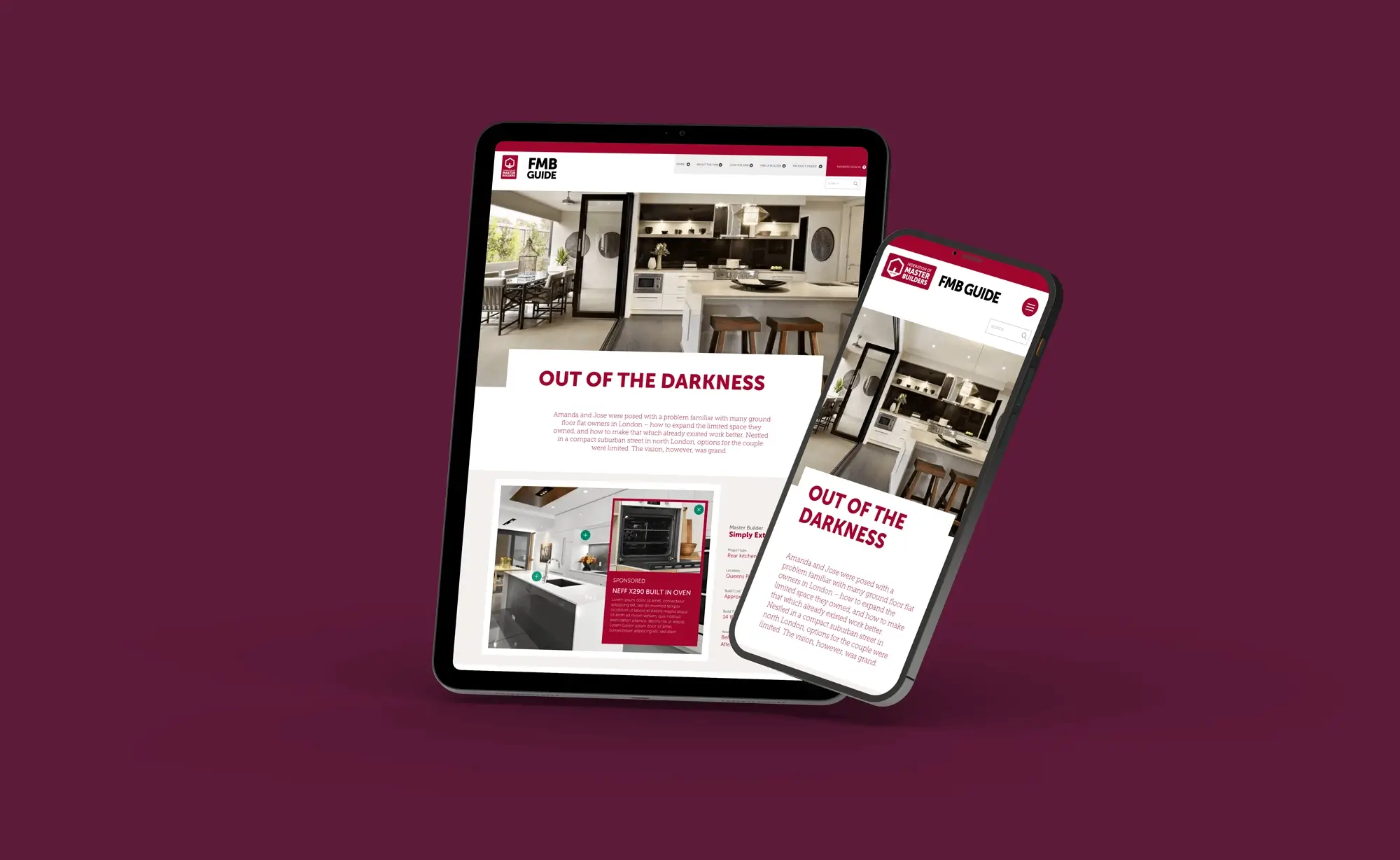 Visuals showing FMB responsive website on two mobile devices