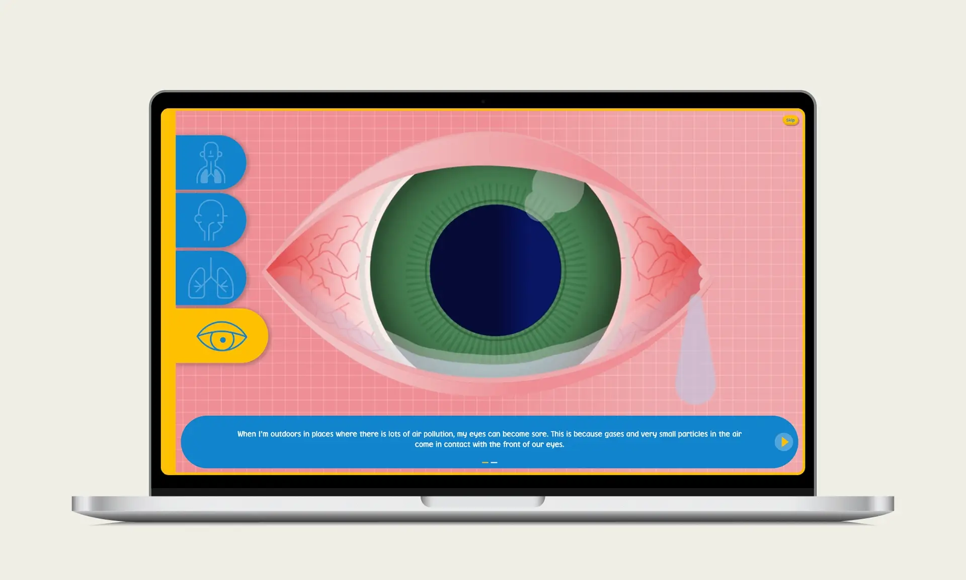 Interactive diagram showing the effects of pollution on an eye