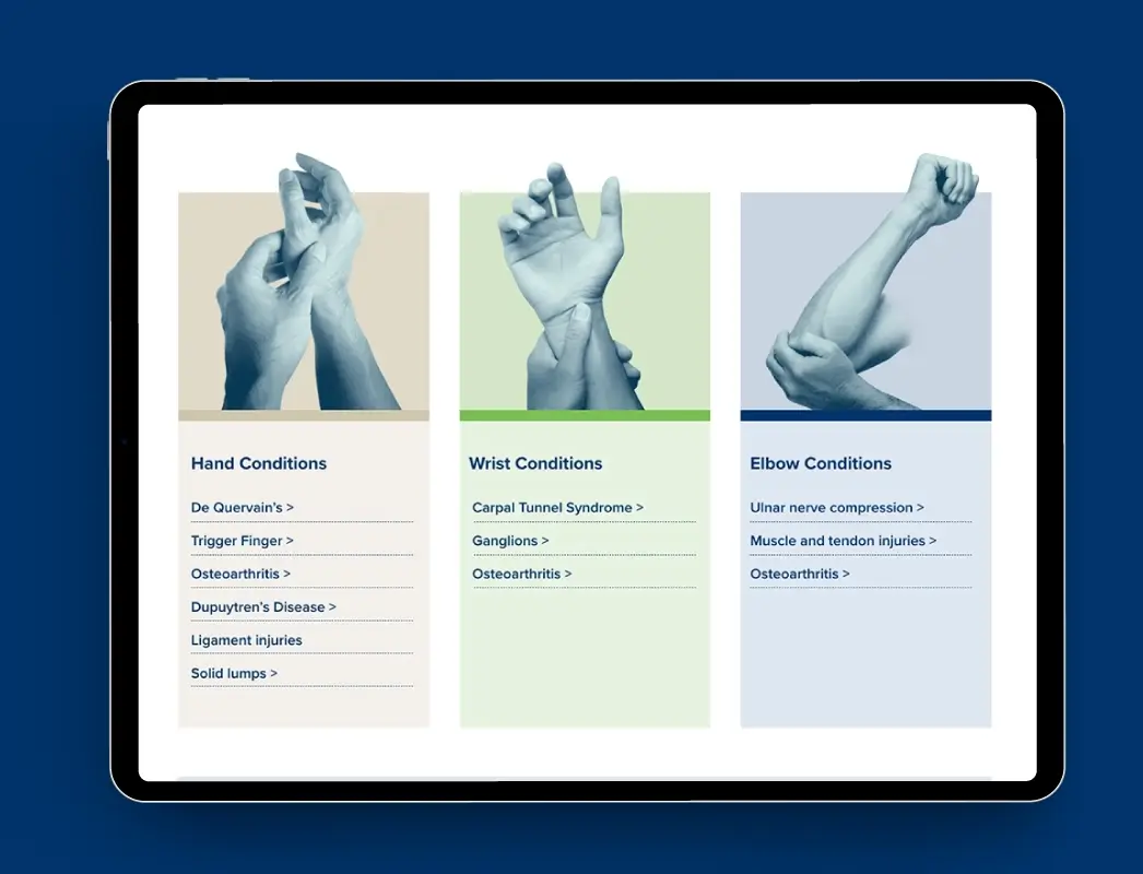 Hand to Elbow Clinic website in-page navigation layout by Newleaf Creative