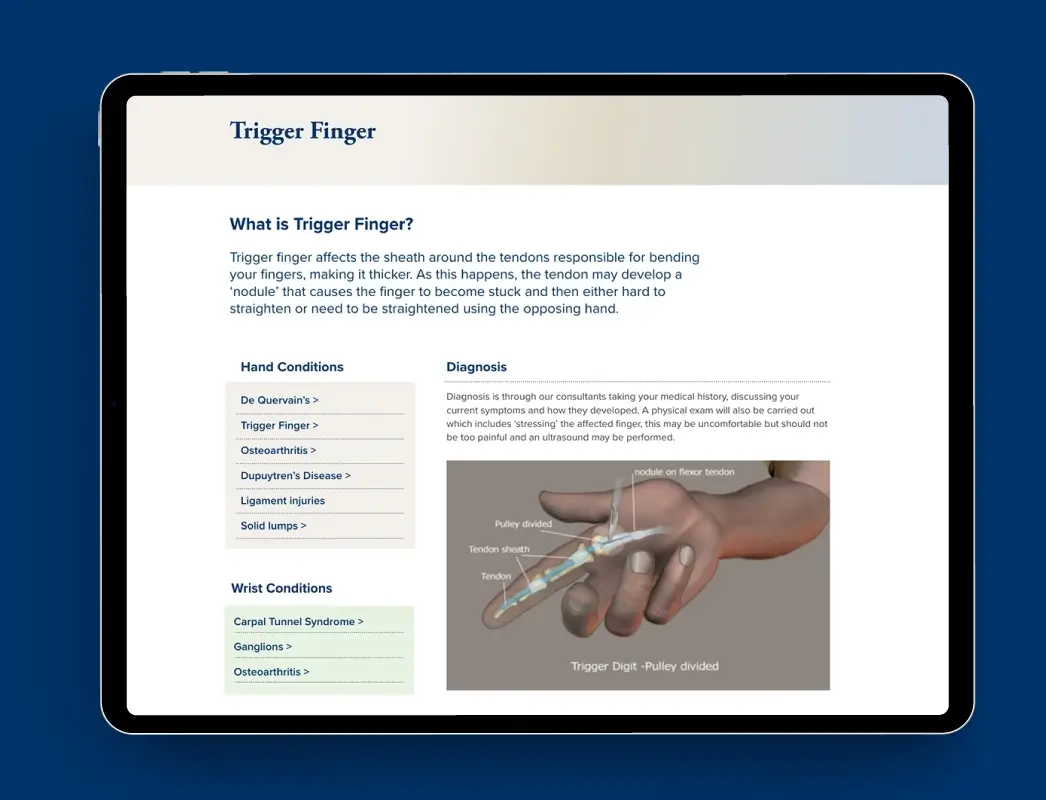 Education section powered by the custom CMS for the Hand to Elbow Clinic website