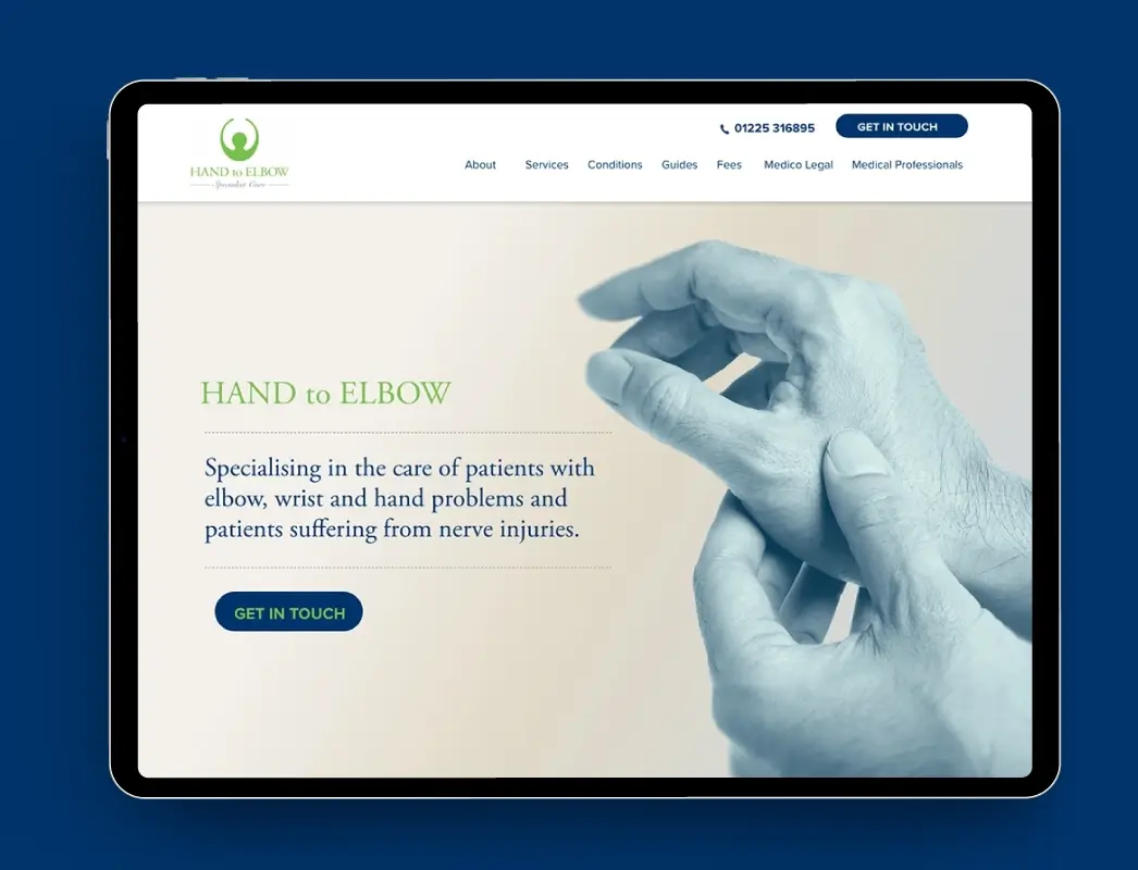 Modern homepage layout of the Hand to Elbow Clinic website designed by Newleaf Creative