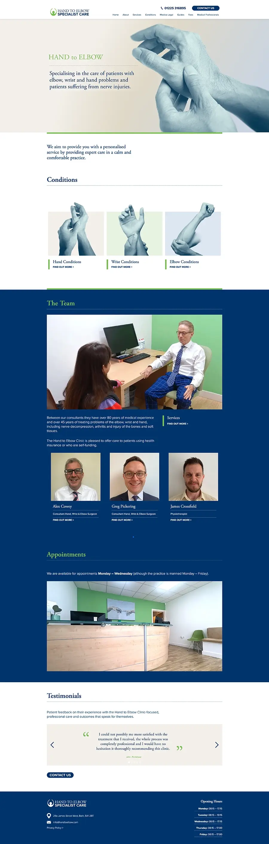 Hand to Elbow Clinic website homepage displayed on desktop, designed by Newleaf Creative