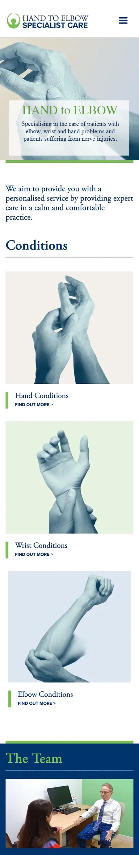 Hand to Elbow Clinic mobile homepage featuring refreshed branding and user-friendly design by Newleaf Creative