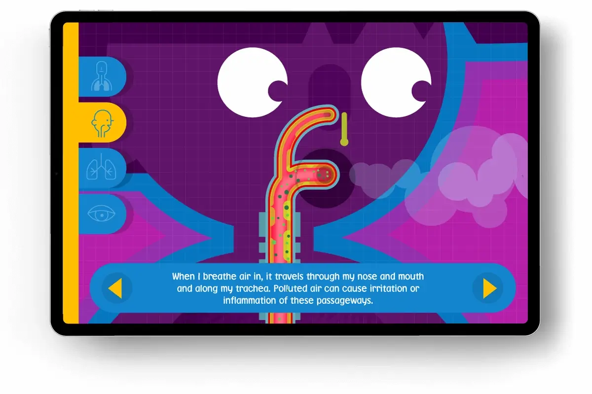 Pollution Patrol interactive animation illustrating the effects of pollution on breathing, by Newleaf Creative, Suffolk
