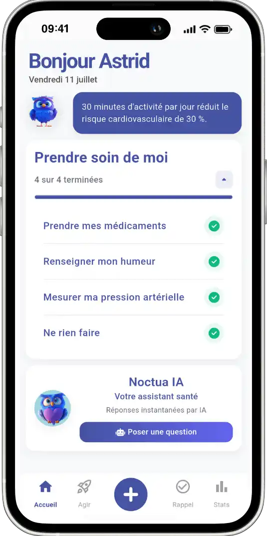 Functionalities of the Noctua Care App: 1. Manage my condition with the personalised goals and daily missions