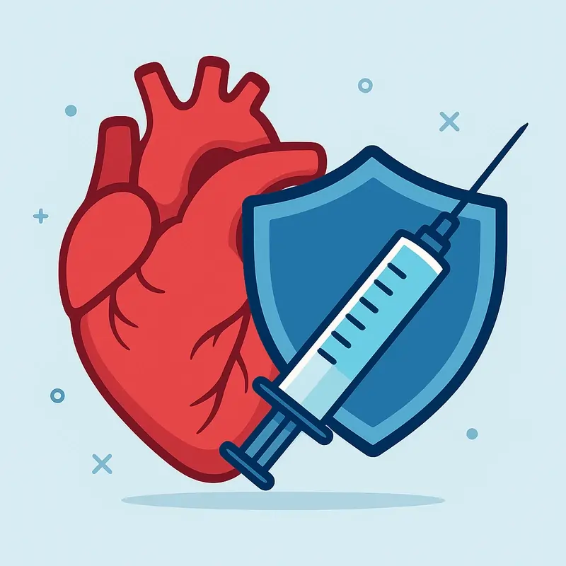 Illustration d’un cœur rouge stylisé protégé par un bouclier bleu et une seringue, symbolisant la vaccination COVID-19 comme protection contre l’infarctus du myocarde