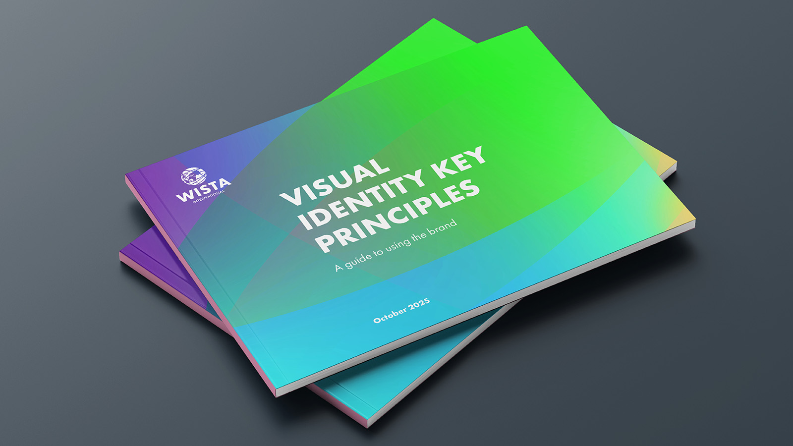WISTA International brand guidelines booklet featuring the updated visual identity.