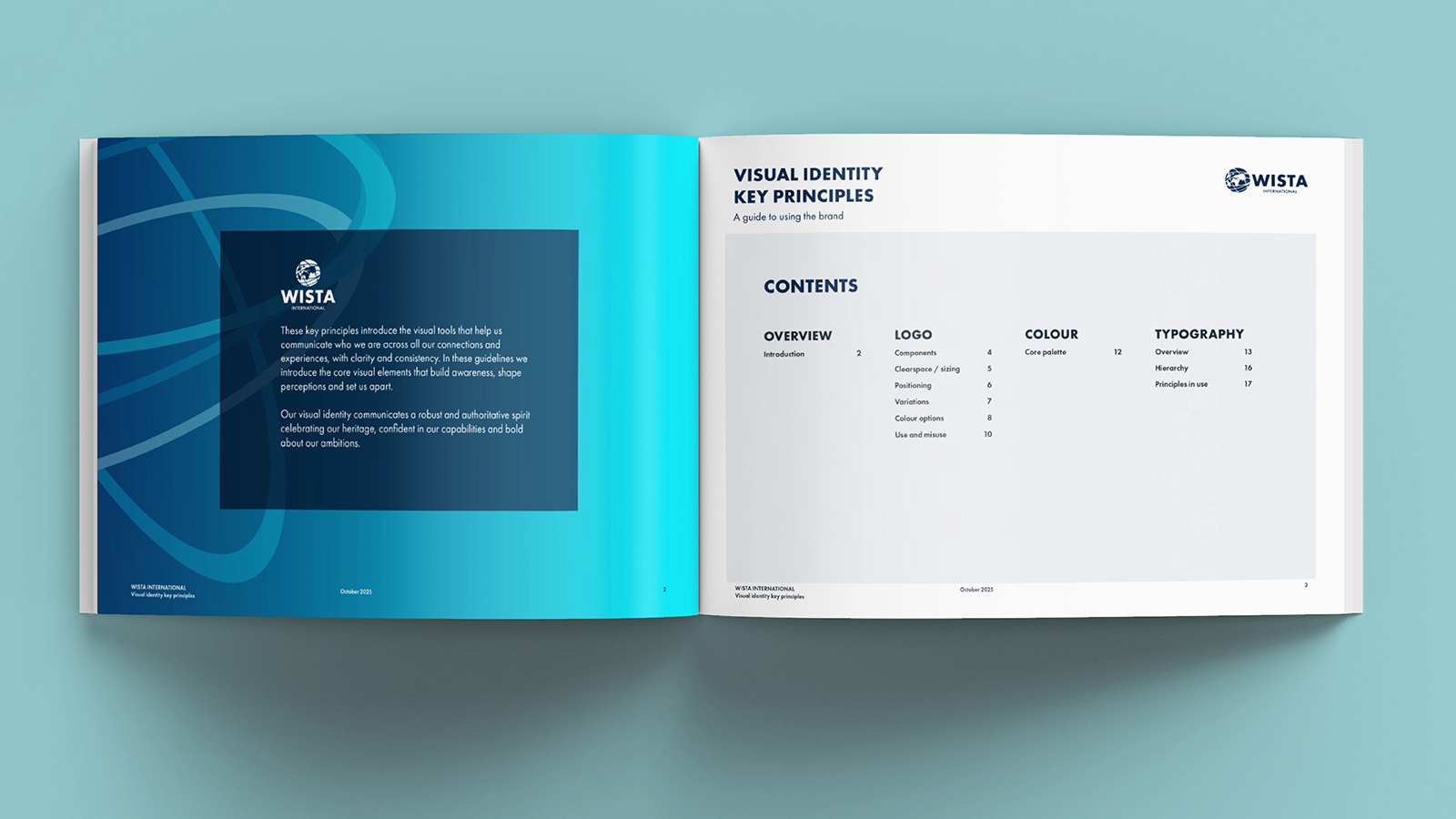 Interior spread of the WISTA International brand guidelines showing colour, typography and logo principles.