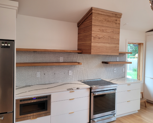 Siberian elm shelving and kitchen hood cover. 