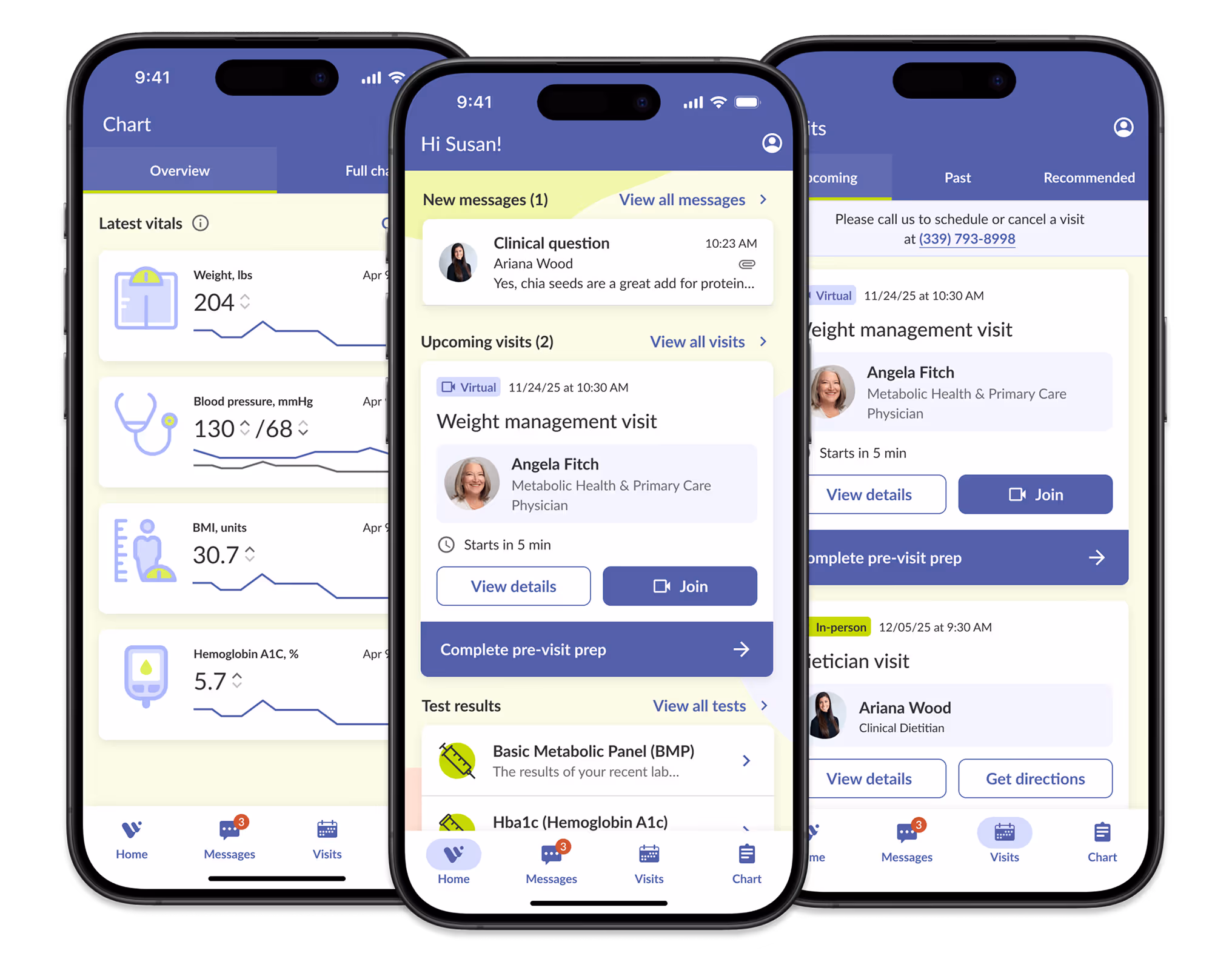 Image of Mobile app screens, homepage, chart and visits