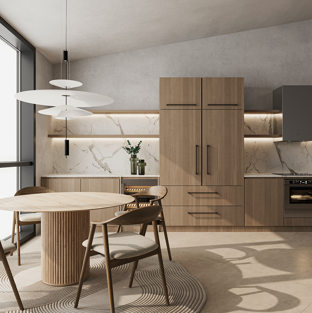 A dining area with light oak kitchen cabinets, quartz backsplash, two open shelves, and undershelf lighting.