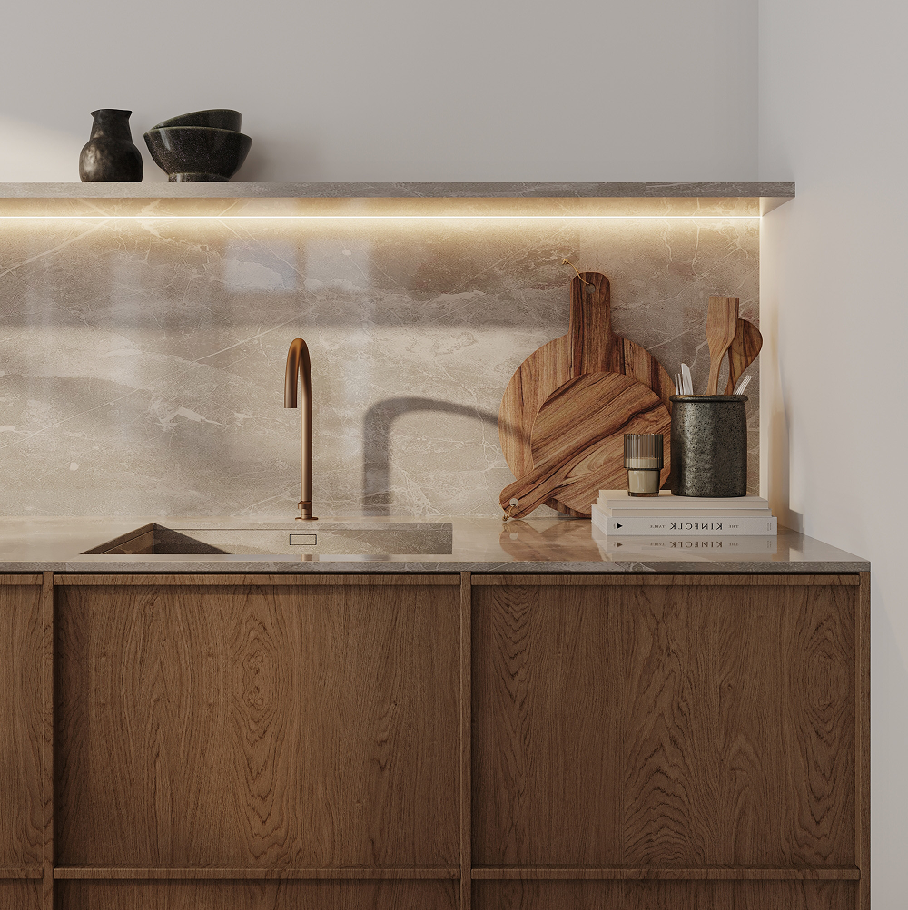 The dark wood cabinets combined with the terrazzo countertop.