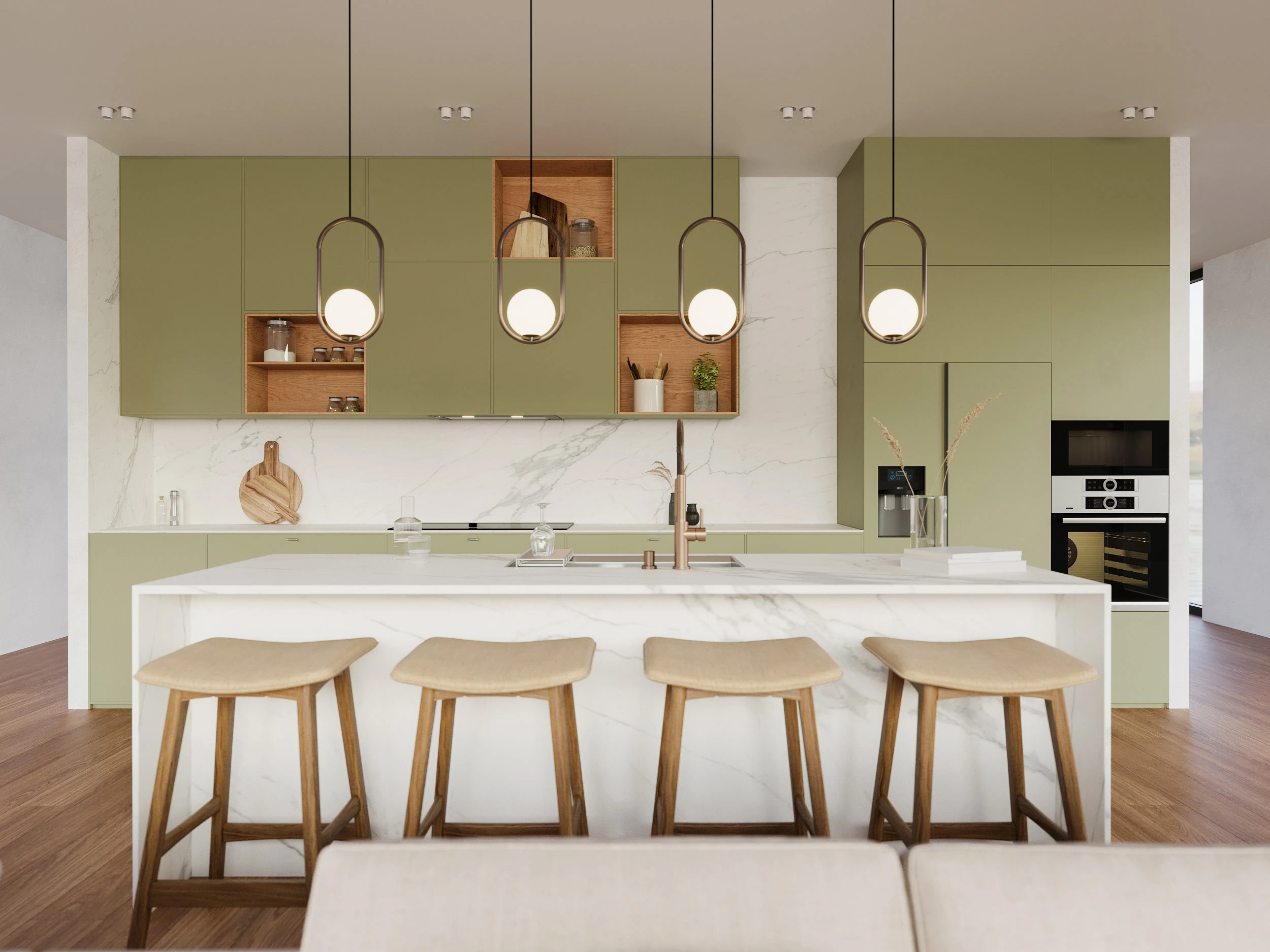 Green kitchen cabinets from the Rebel Kitchen collection, featuring shelves and decor, with a kitchen island in the foreground.