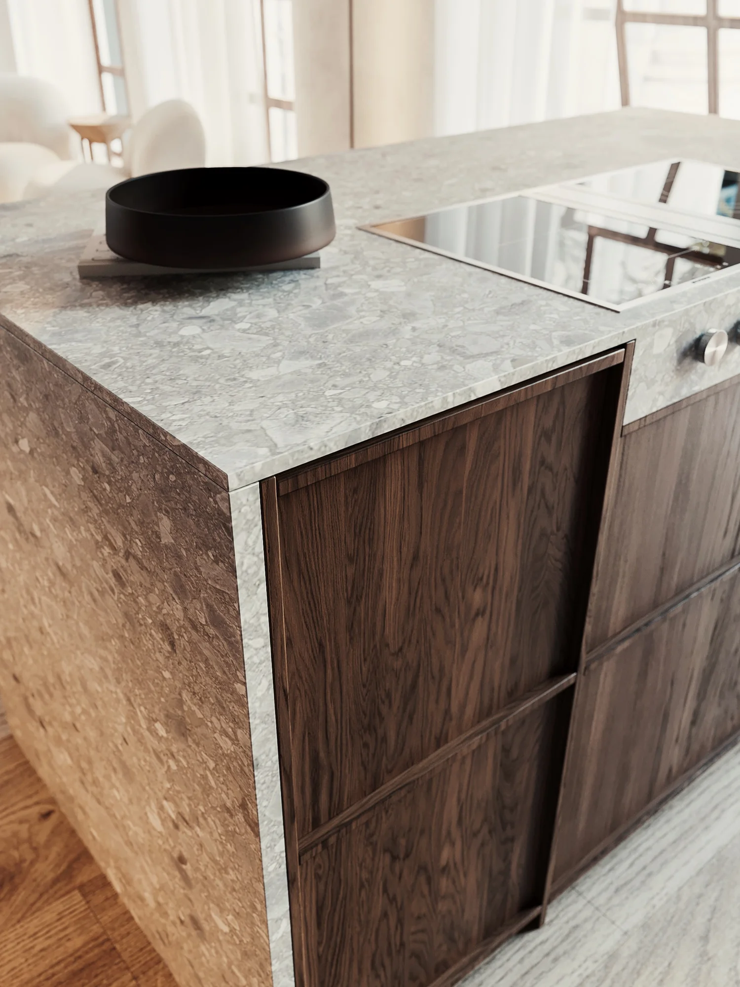 A dark wooden kitchen island with a Dekton Arge worktop