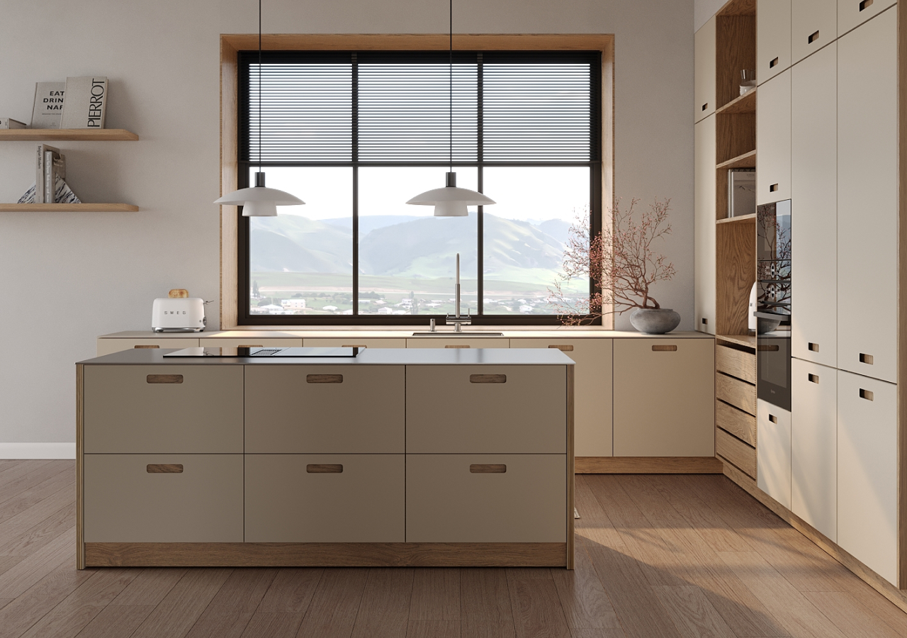 Minimalist Scandinavian kitchen with beige and oak cabinets, recessed handles, and a large window overlooking the mountains.