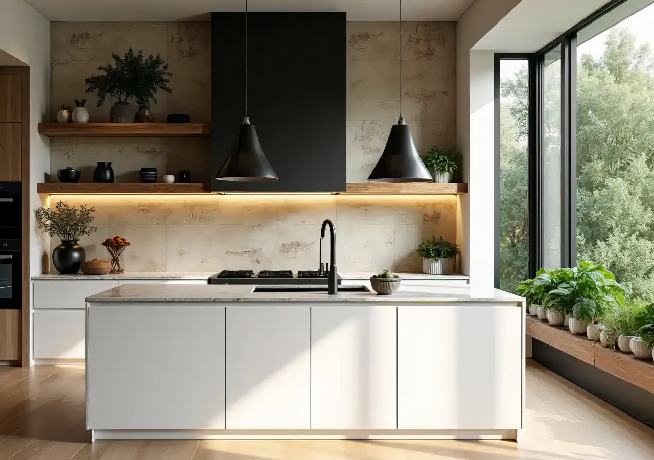 Modern minimalist kitchen with white cabinet island, wood shelves, black accents, and large windows filling the space with natural light and greenery.