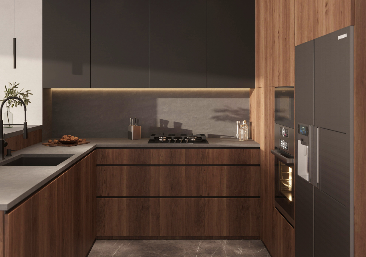 Modern minimalist kitchen with walnut cabinets, matte black uppers, built-in appliances, and soft under-cabinet lighting.