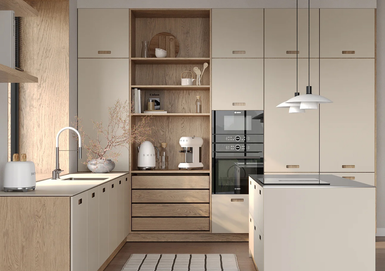 Light Scandinavian kitchen with natural oak accents, beige Fenix NTM front cabinets, open shelving, and minimalist pendant lighting.