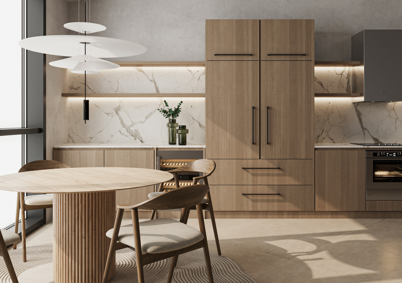 Wooden Scandinavian kitchen with light oak cabinets, Dekton backsplash, integrated lighting, and round fluted dining table with wooden chairs.