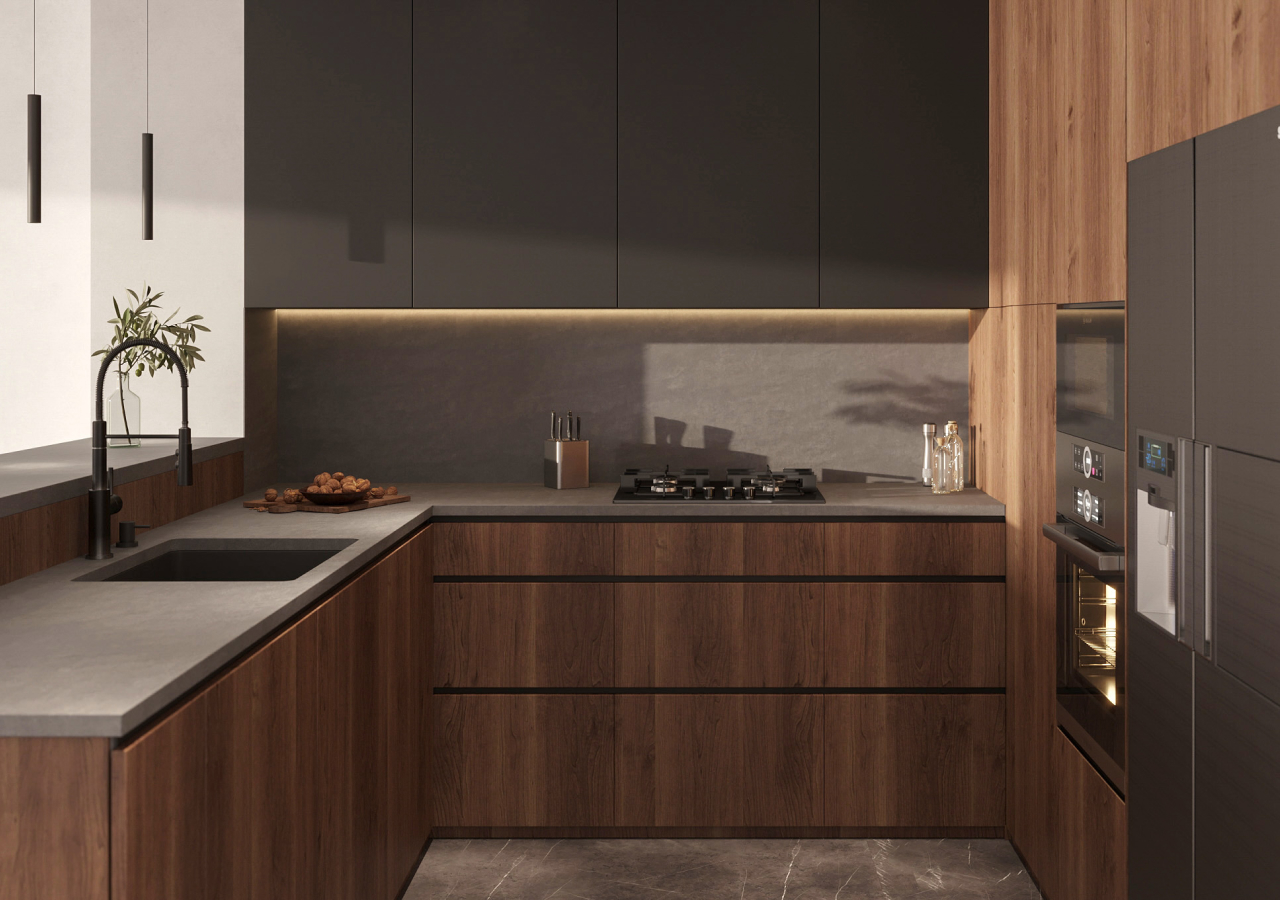 Loft-style Scandinavian kitchen with walnut base cabinets, matte black uppers, stone backsplash, sleek countertop, and warm under-cabinet lighting.