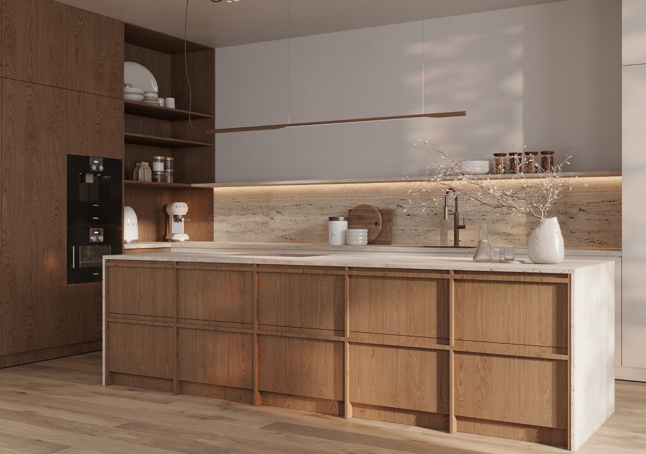 Japandi kitchen with light oak cabinets, Dekton backsplash and countertop, large island, open shelving, and integrated warm lighting.