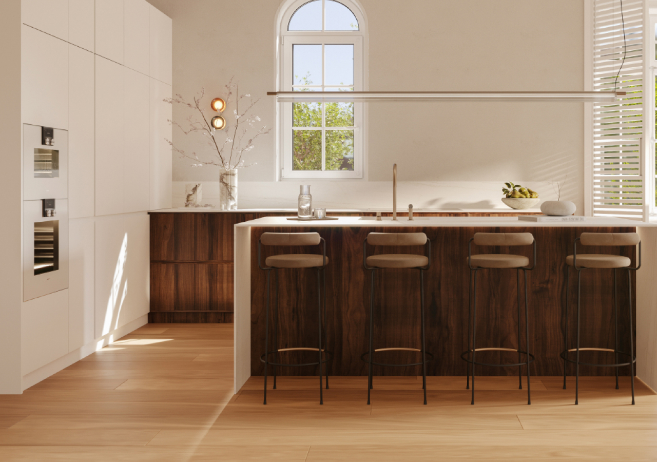 Modern Scandinavian kitchen with white and walnut slim shaker cabinets, spacious island seating, minimalist lighting, and arched window.
