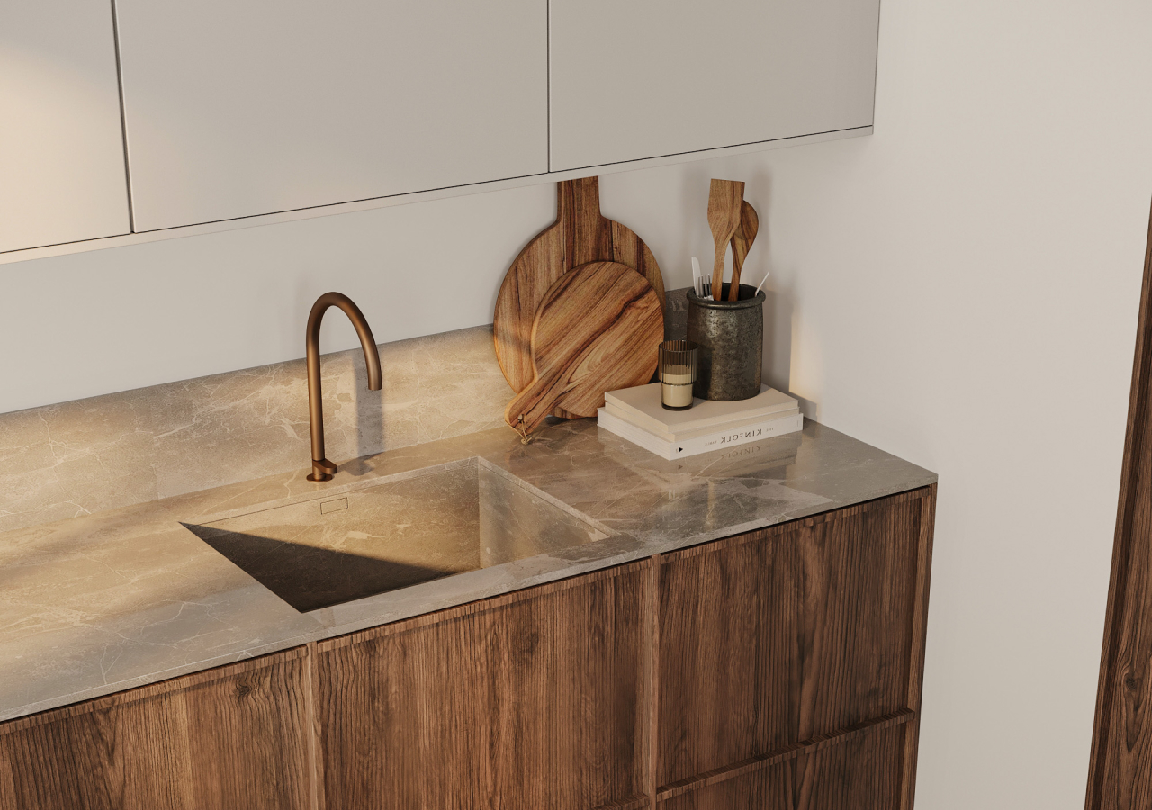 Japandi kitchen sink with integrated basin, Dekton countertop, brass faucet, and American walnut cabinets.