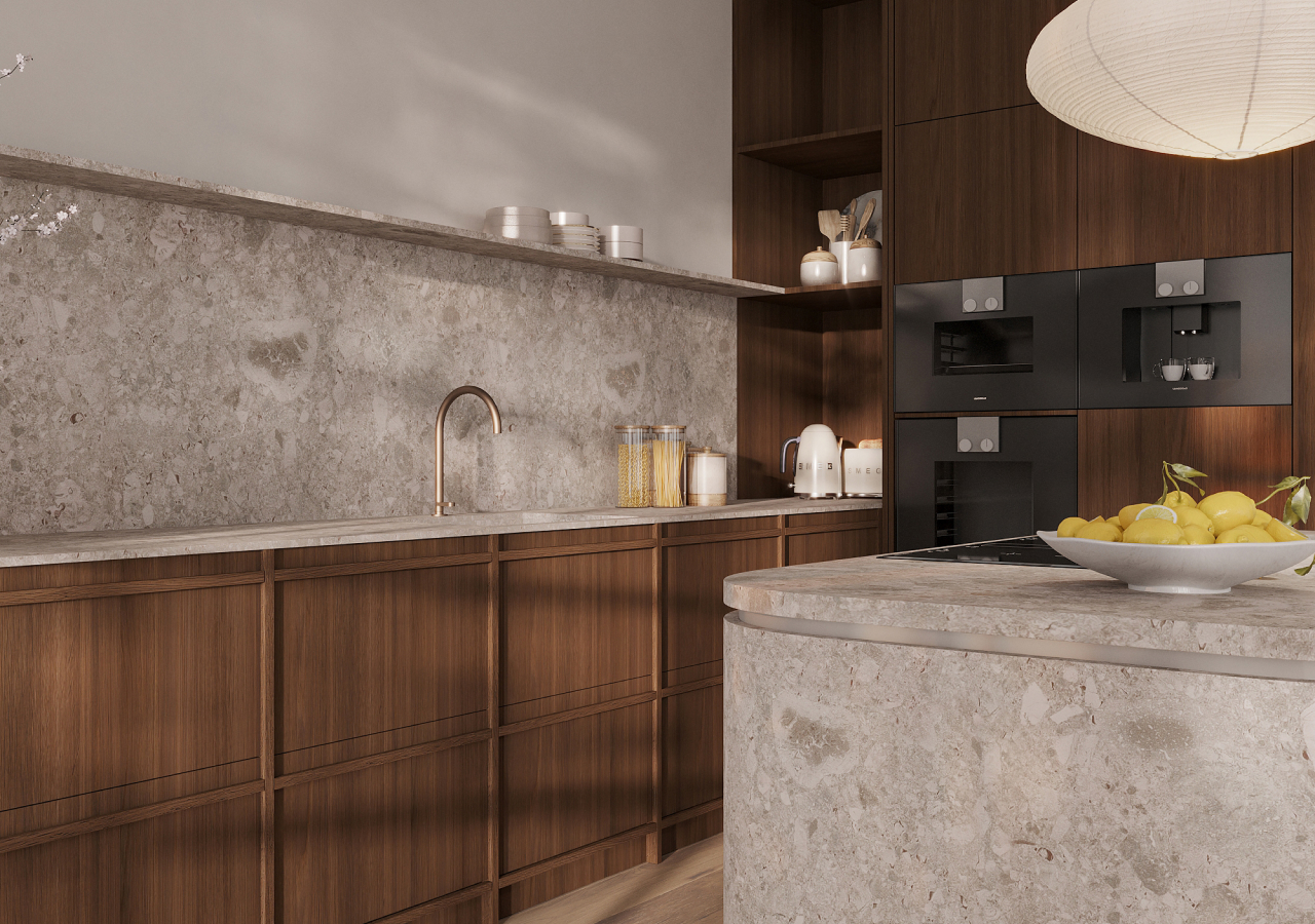 Japandi kitchen with dark-stained cabinets, Dekton backsplash and island, brass faucet, black built-in appliances, and minimalist shelving.