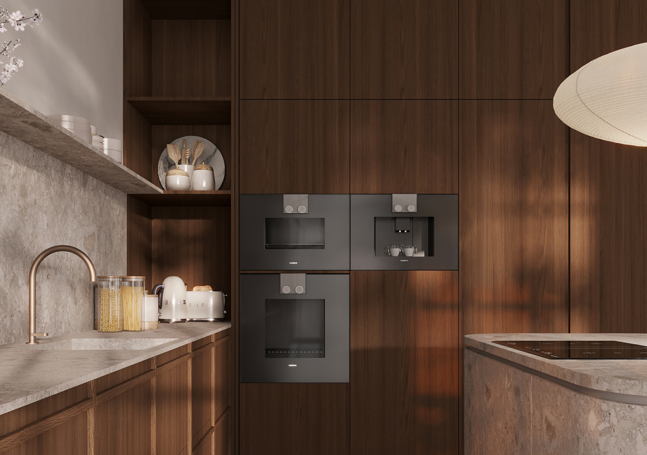 Japandi kitchen with walnut cabinetry, built-in black appliances, stone backsplash, and sleek fixtures.