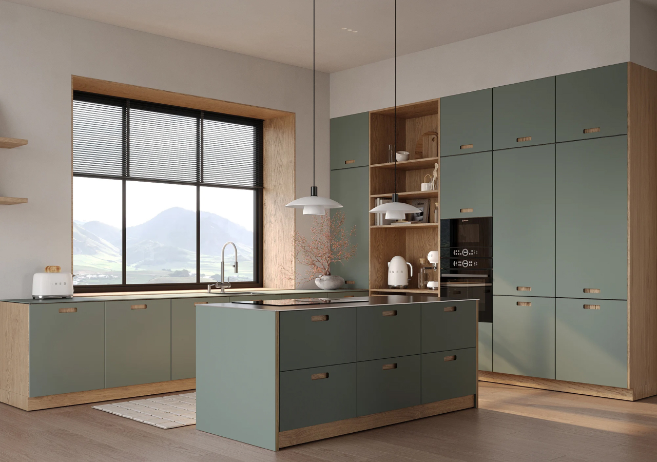 Scandinavian modern kitchen with sage green cabinets, wood accents, a central island, pendant lights, and a large window overlooking mountains.