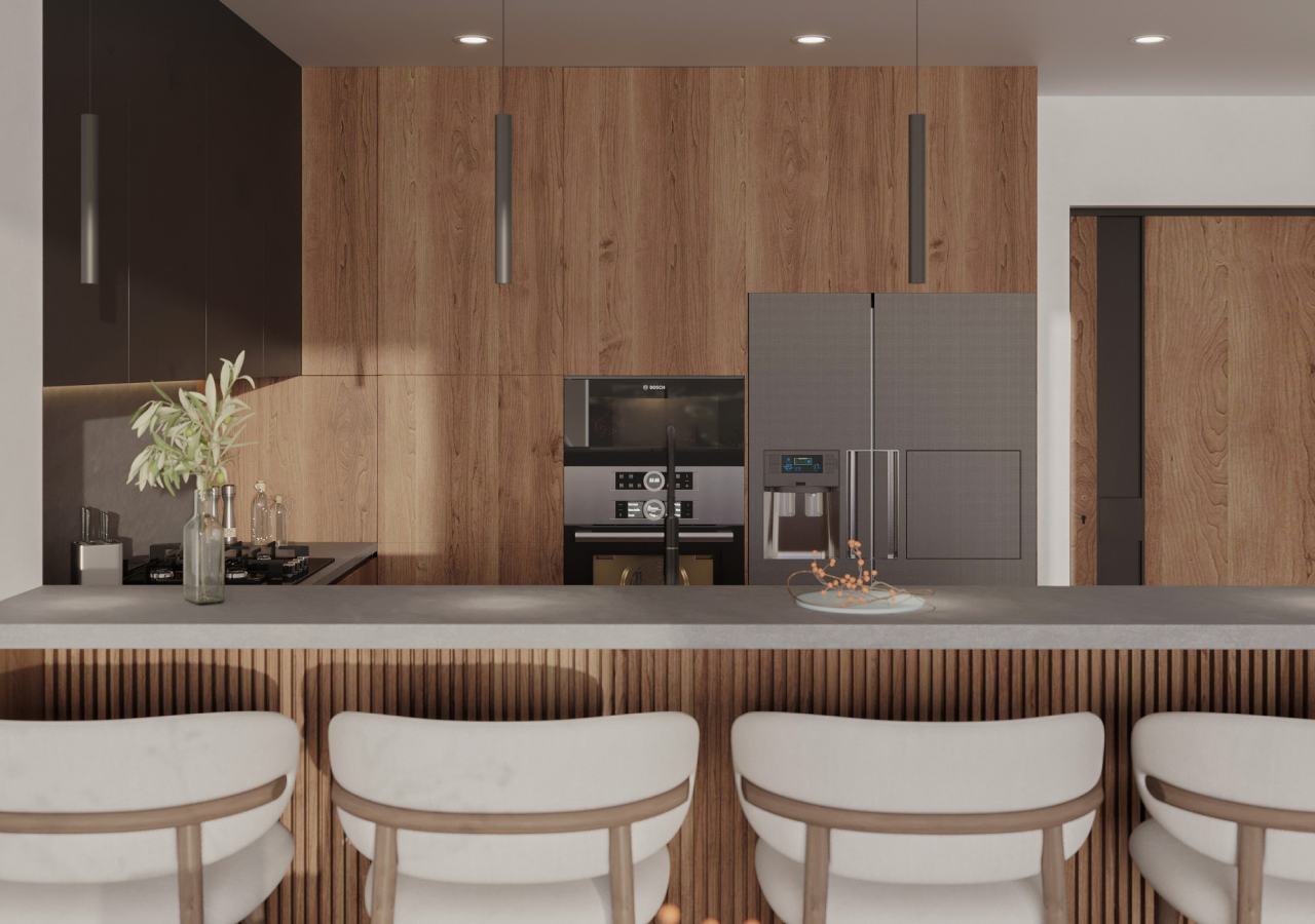 Contemporary kitchen with wood cabinets, sleek gray appliances, a minimalist island with bar seating, and modern pendant lighting.