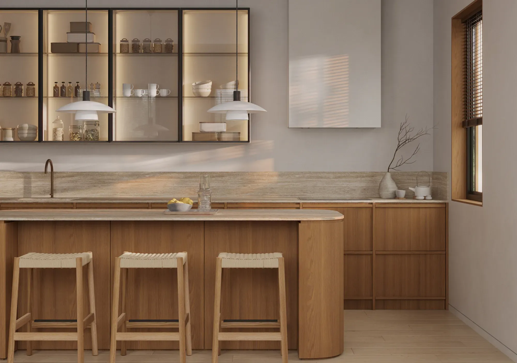 Modern kitchen with an arched range hood and rounded kitchen island following 2026 design trends