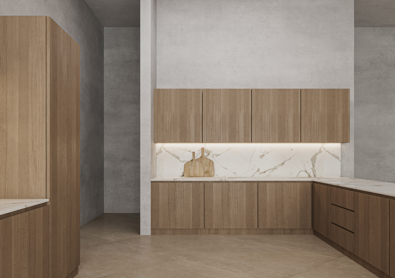 Scandinavian handleless kitchen with light oak slab doors.