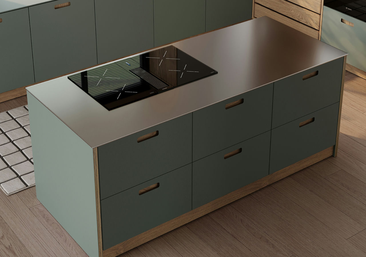 Kitchen island with stainless steel countertop