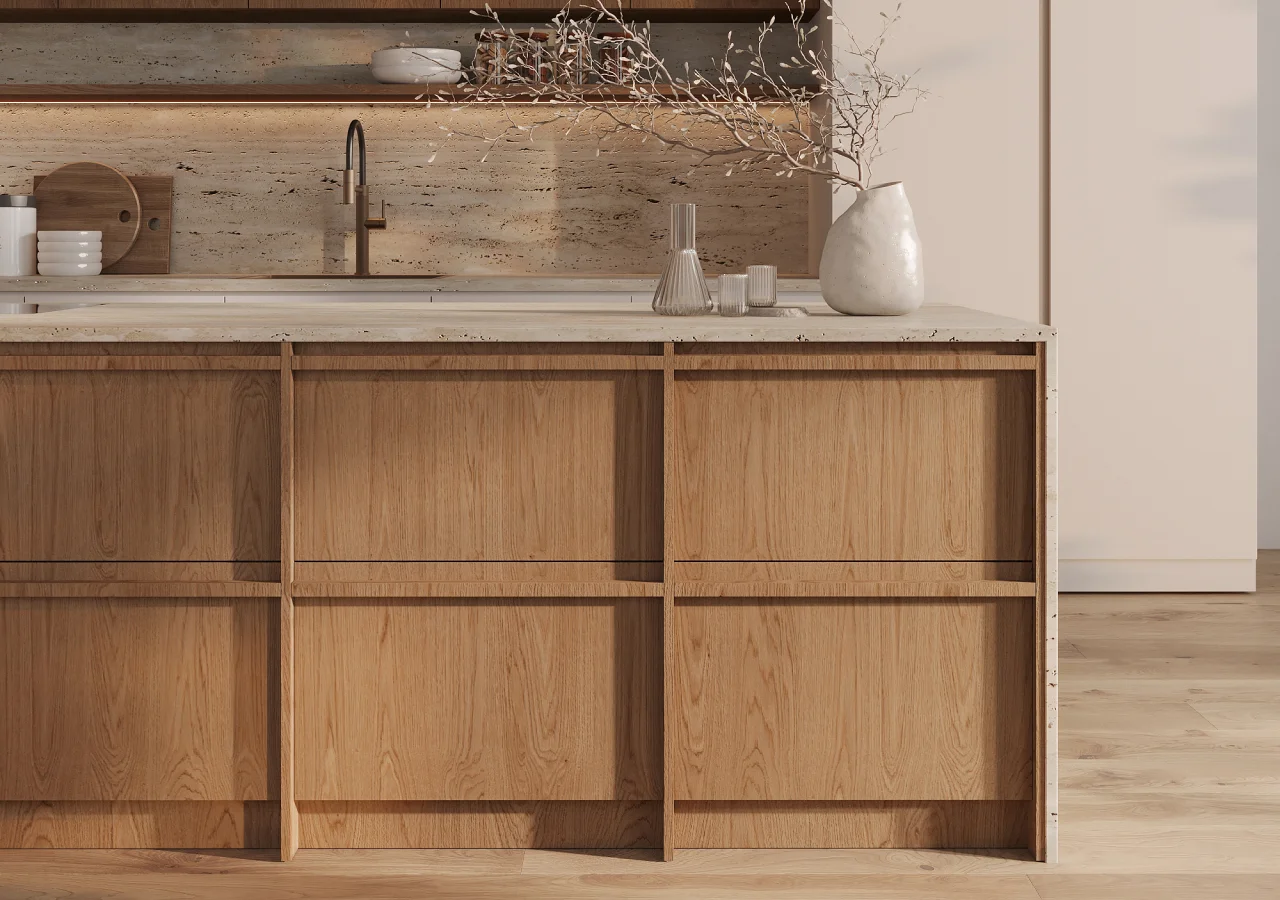 Oak frame-and-panel cabinets with a stone countertop and a vase