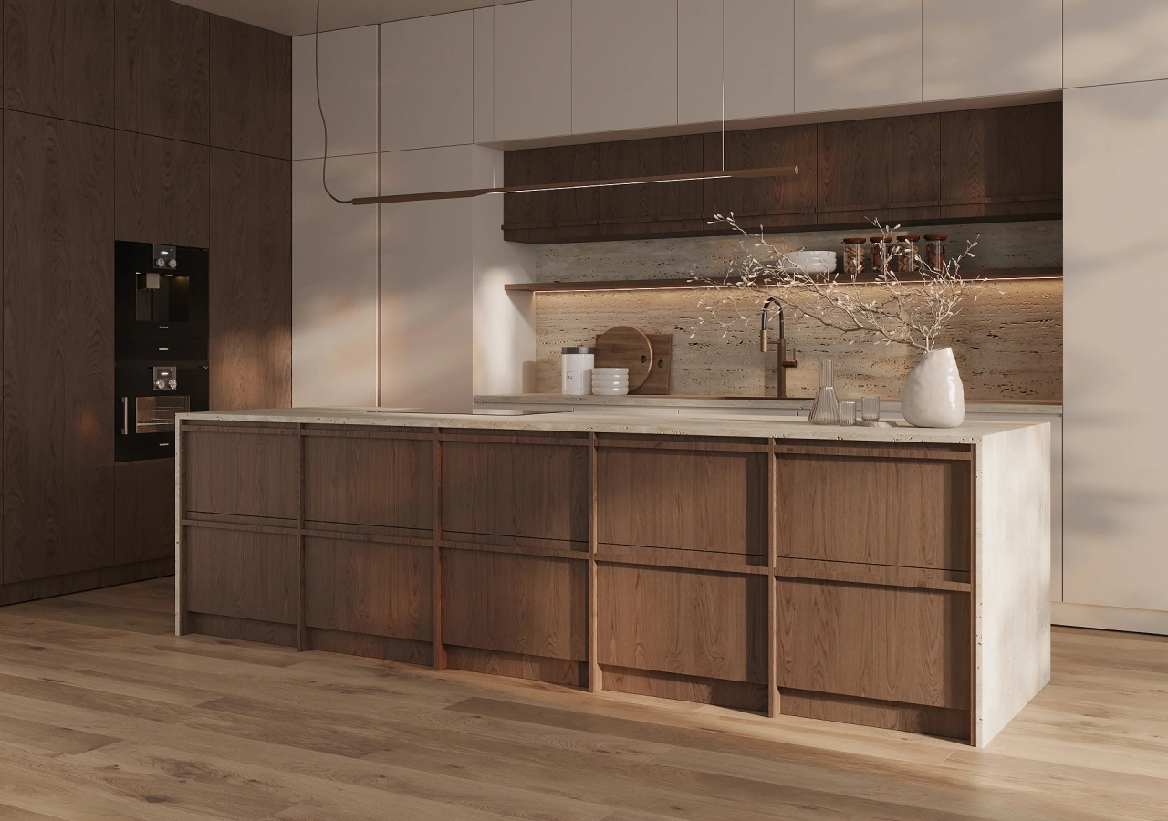 Walnut kitchen with a stone island and a lit shelf