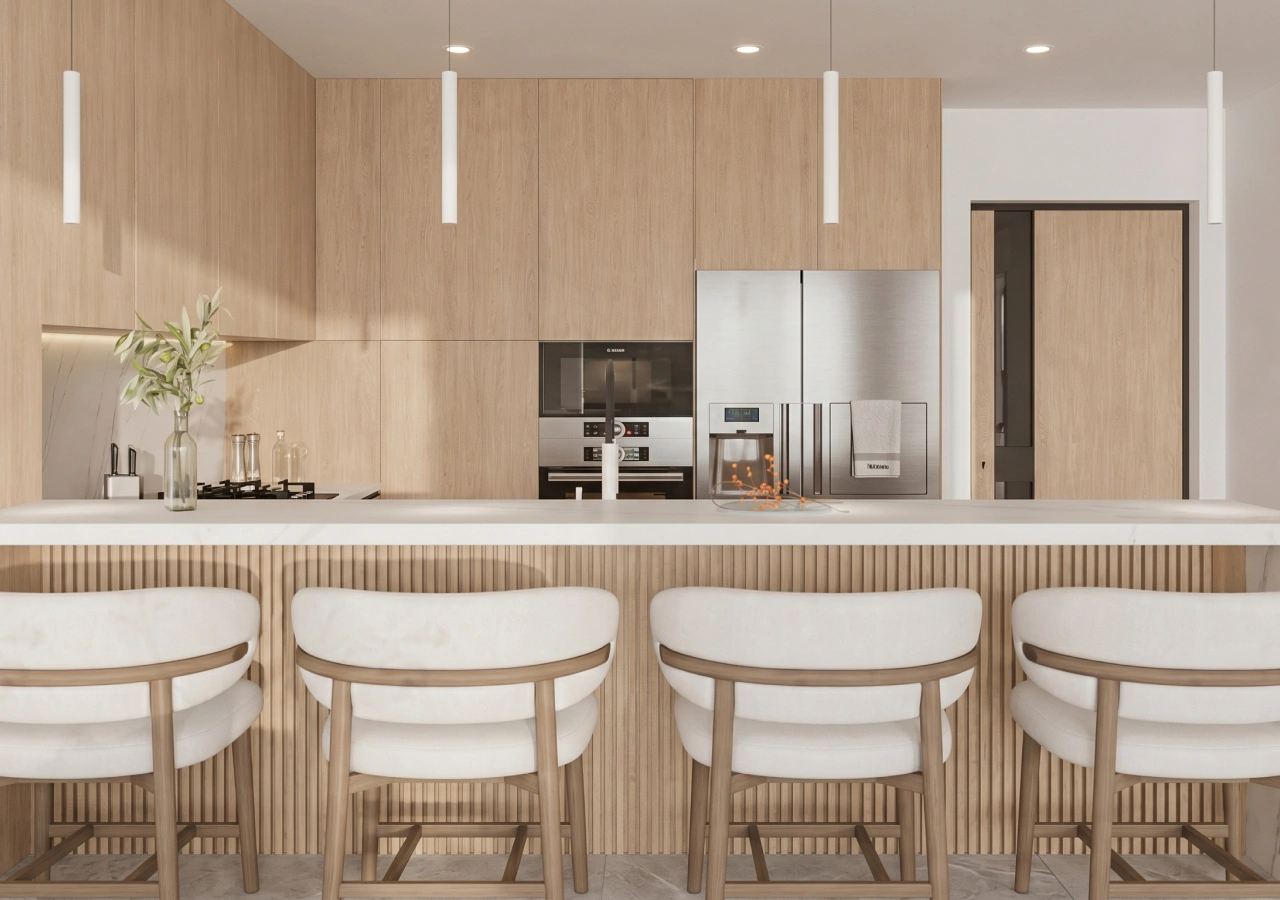 Light oak kitchen with lit glass cabinets and wooden stools