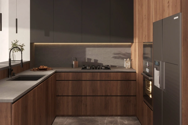 Walnut kitchen with a white countertop and a grey fridge