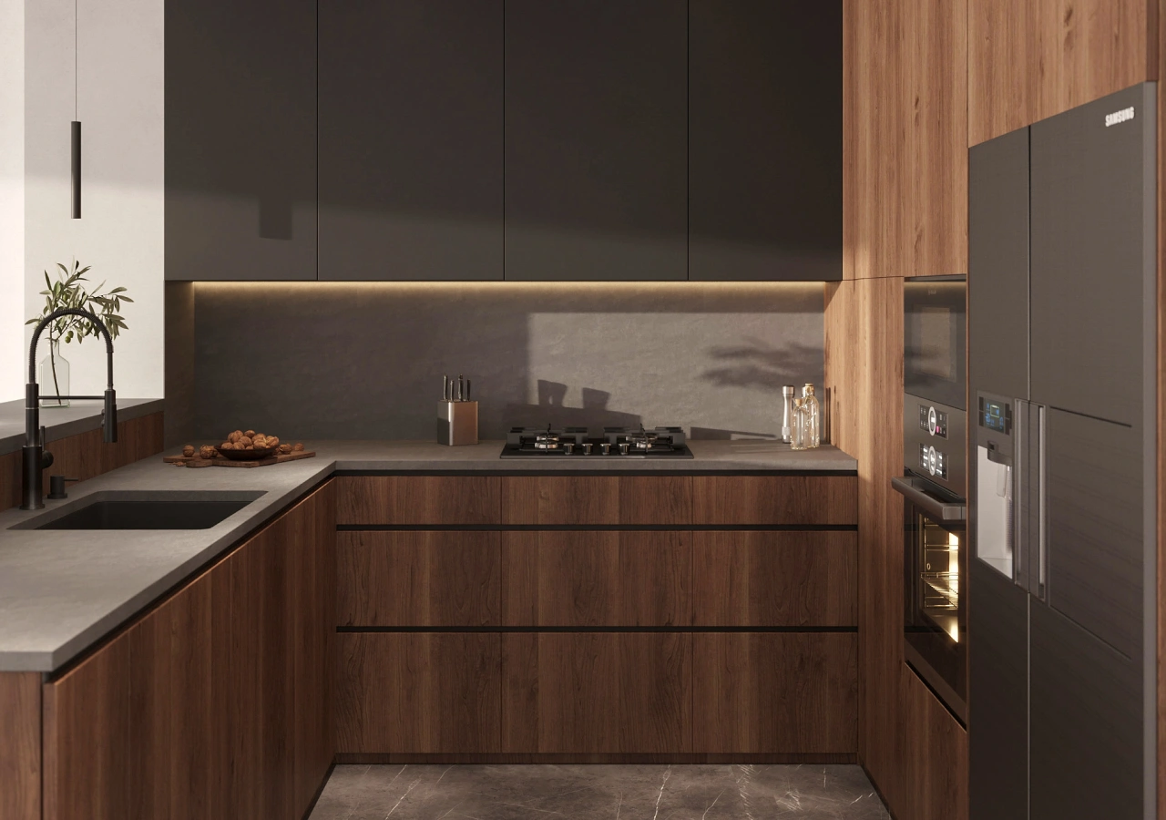 Walnut kitchen with a white countertop and a grey fridge