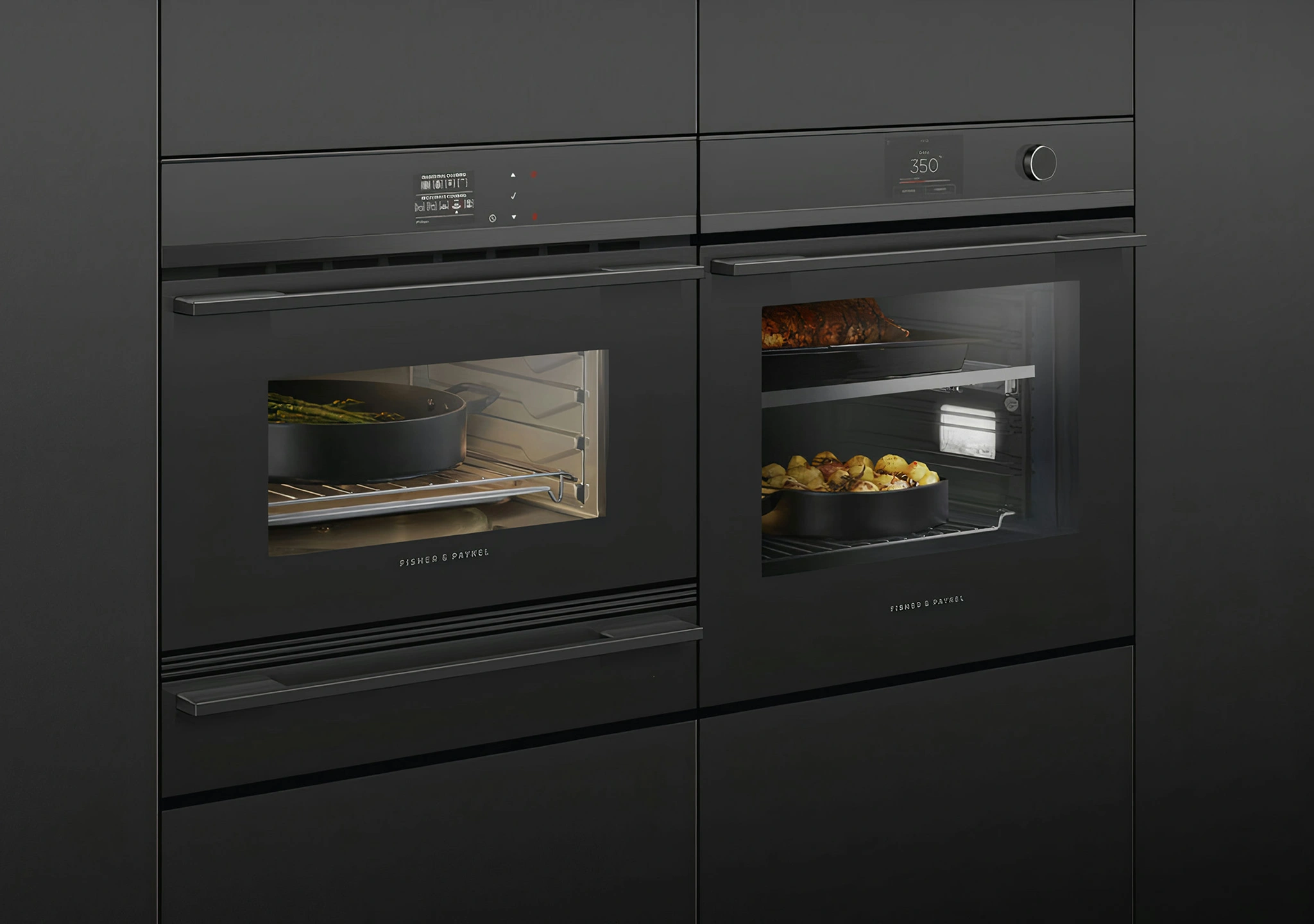 Black built-in microwave and oven stacked in a dark cabinet