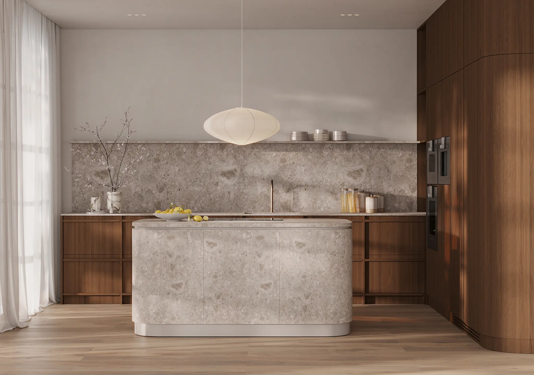 Walnut kitchen with a stone island and a white pendant