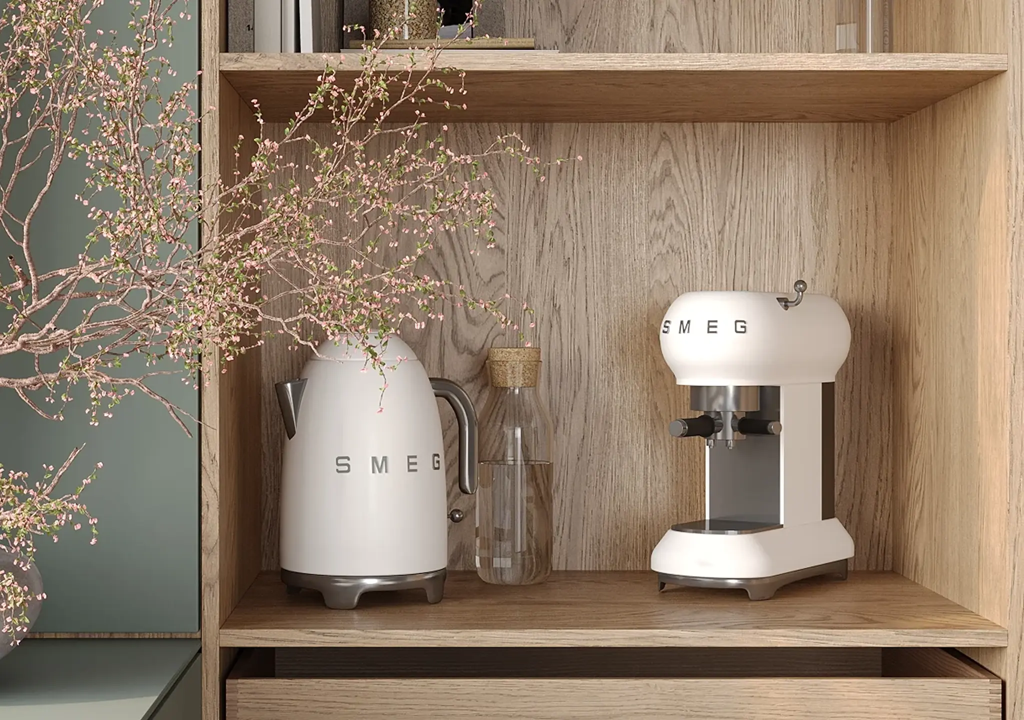 Oak coffee station niche with a cream kettle and coffee maker