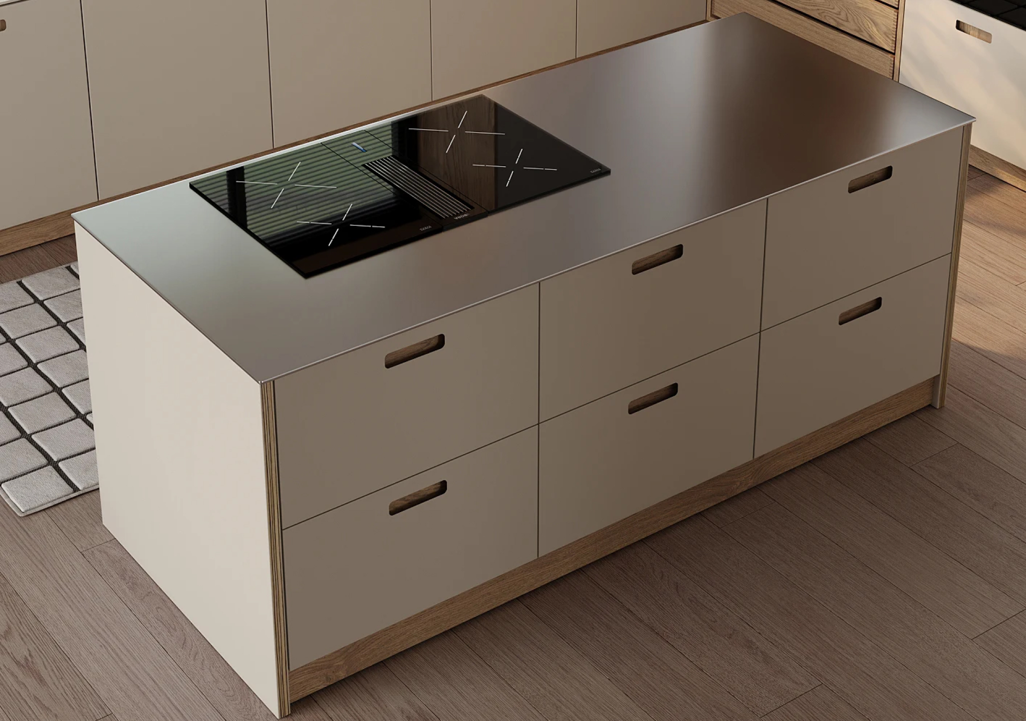White minimalist island with a black cooktop
