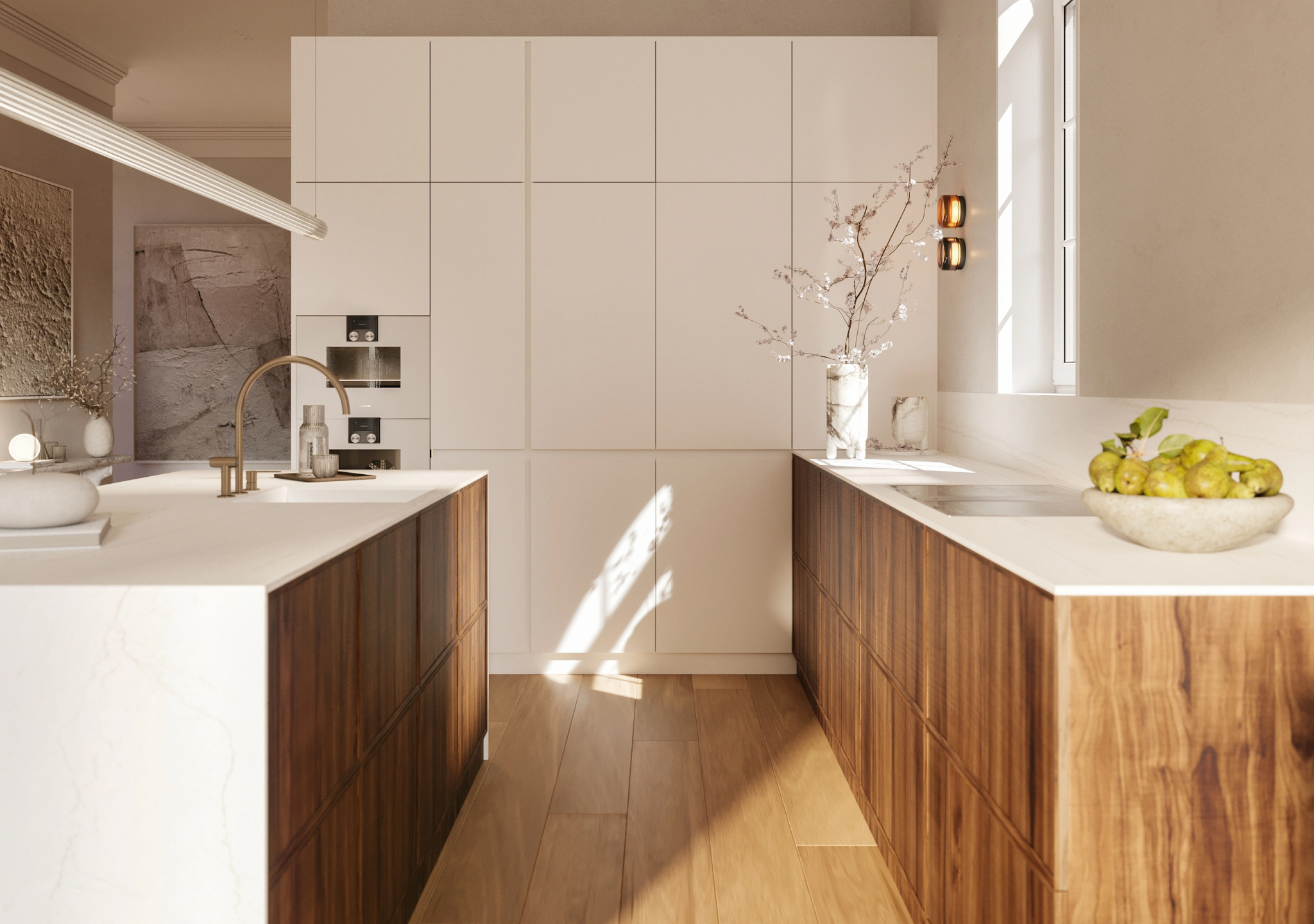 Walnut and white small kitchen with an espresso machine