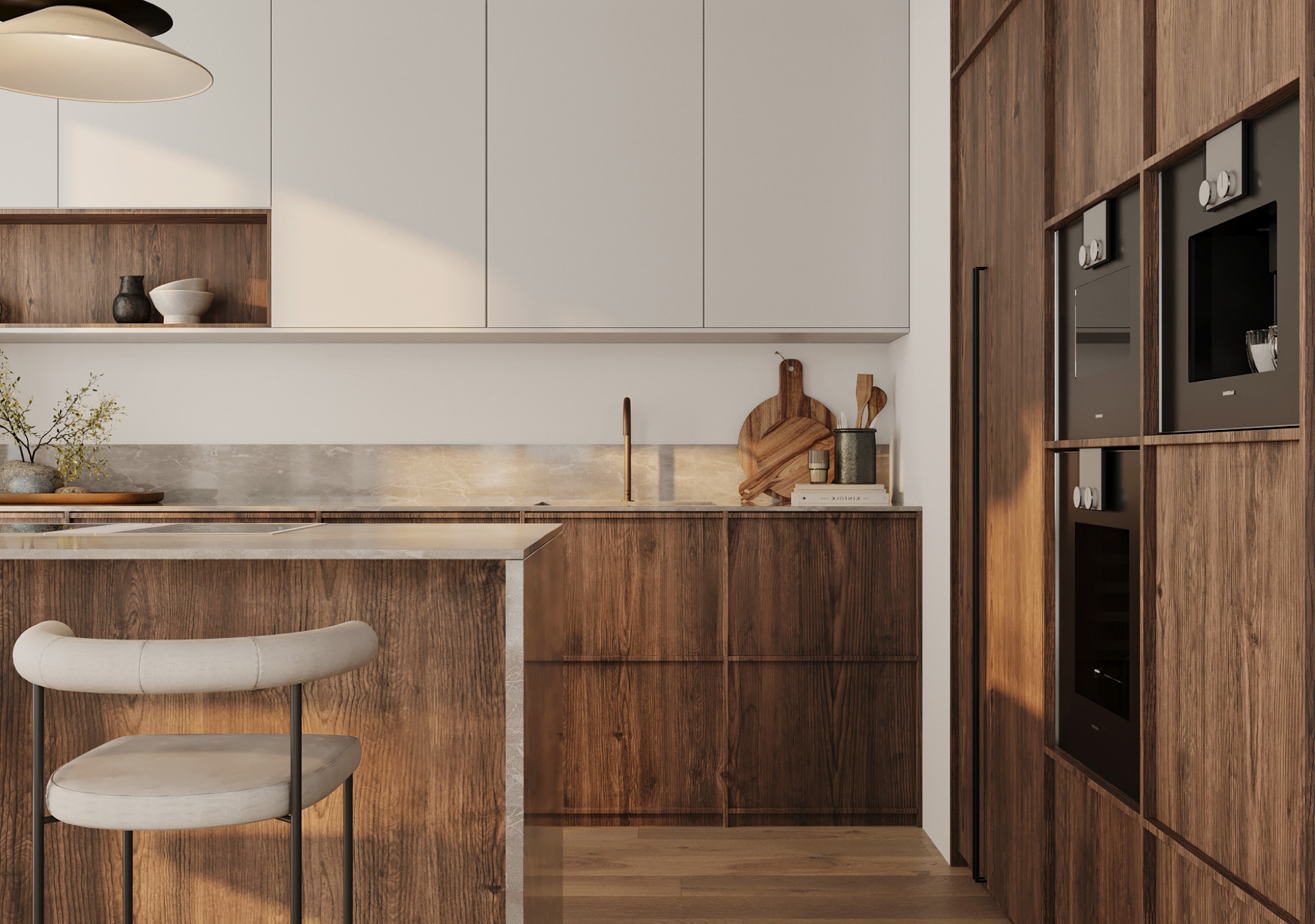 Walnut kitchen with a white countertop and a white stool